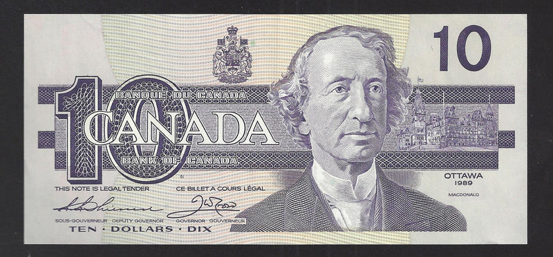 1989 $10 Bank of Canada Note Thiessen-Crow Prefix ATL3953343 BC-57b  (AU)