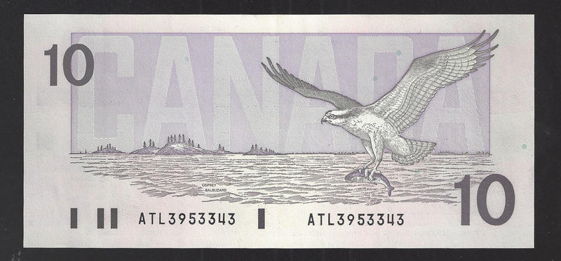1989 $10 Bank of Canada Note Thiessen-Crow Prefix ATL3953343 BC-57b  (AU)