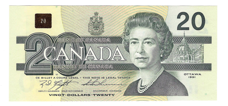 1991 Canada $20 Banknote Knight/Thiessen, AWC, BC-58c G/UNC