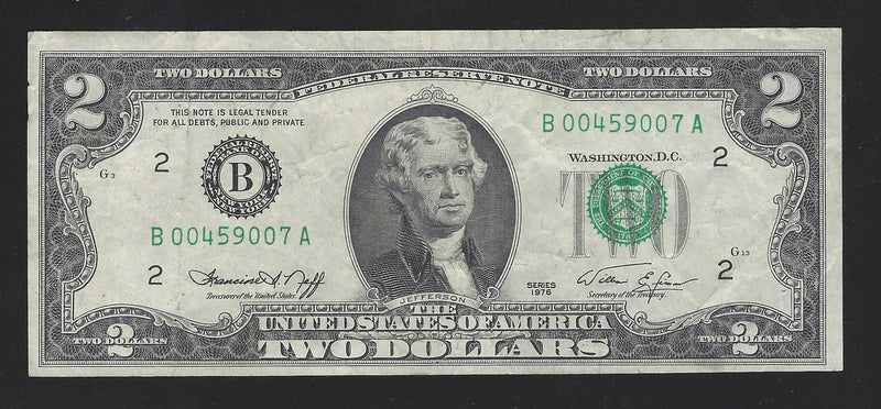 1976 USA $2 Two Dollar Bill Series (B) Green Seal Number B004590007A (VF)