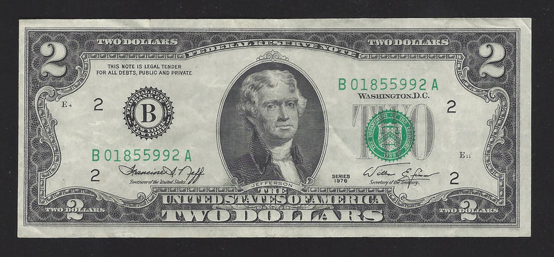 1976 USA $2 Two Dollar Bill Series (B) Green Seal Number B01855992A (VF)