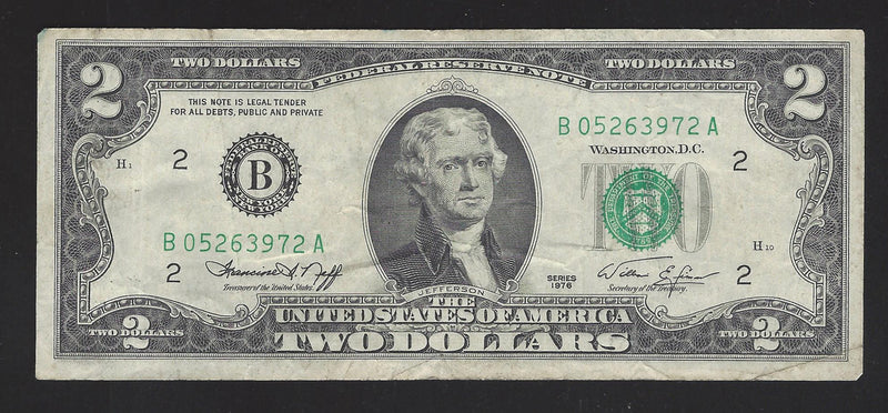 1976 USA $2 Two Dollar Bill Series (B) Green Seal Number B05263972A (Fine)