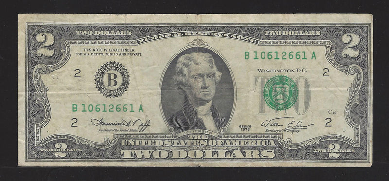 1976 USA $2 Two Dollar Bill Series (B) Green Seal Number B10612661A (VG-F)