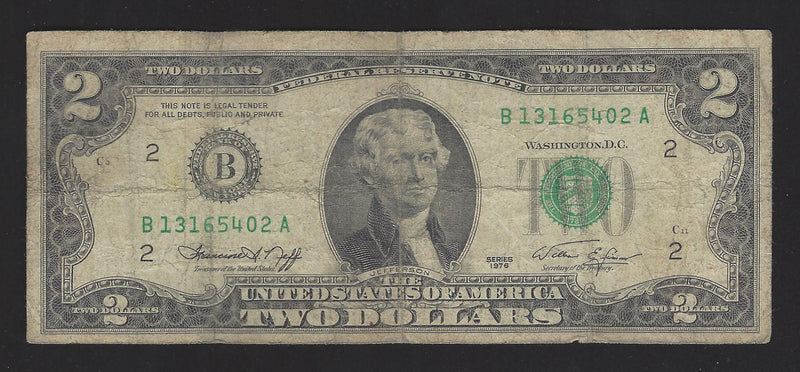 1976 USA $2 Two Dollar Bill Series (B) Green Seal Number B13165402A (Good)