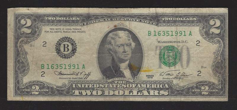 1976 USA $2 Two Dollar Bill Series (B) Green Seal Number B16351991A (VG-F)