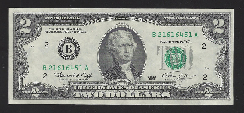 1976 USA $2 Two Dollar Bill Series (B) Green Seal Number B21616451A (EF)