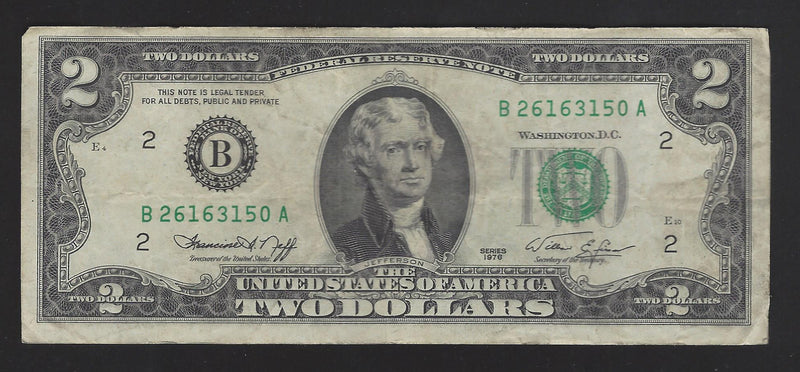 1976 USA $2 Two Dollar Bill Series (B) Green Seal Number B26163150A (Fine)