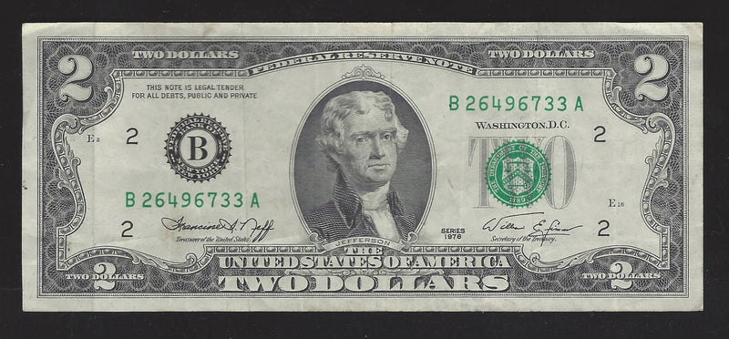 1976 USA $2 Two Dollar Bill Series (B) Green Seal Number   B26496733A (VF)