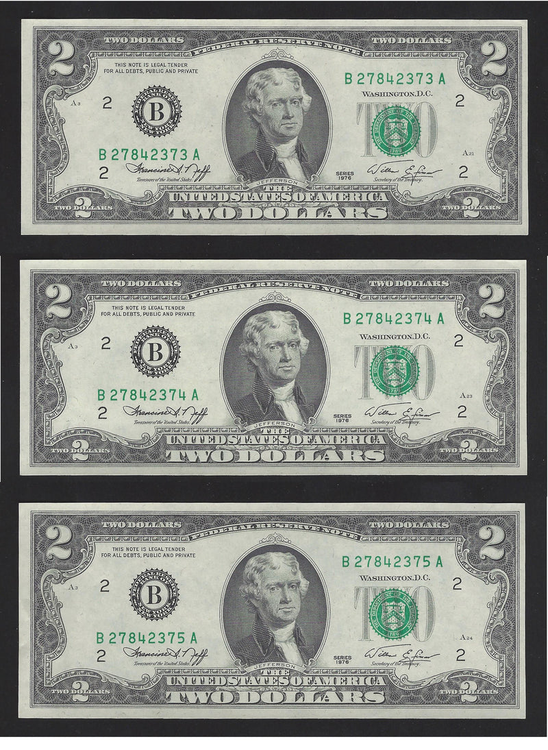 1976 3 Sequential Number USA $2 Two Dollar Bill Series (B) Green Seal (UNC)