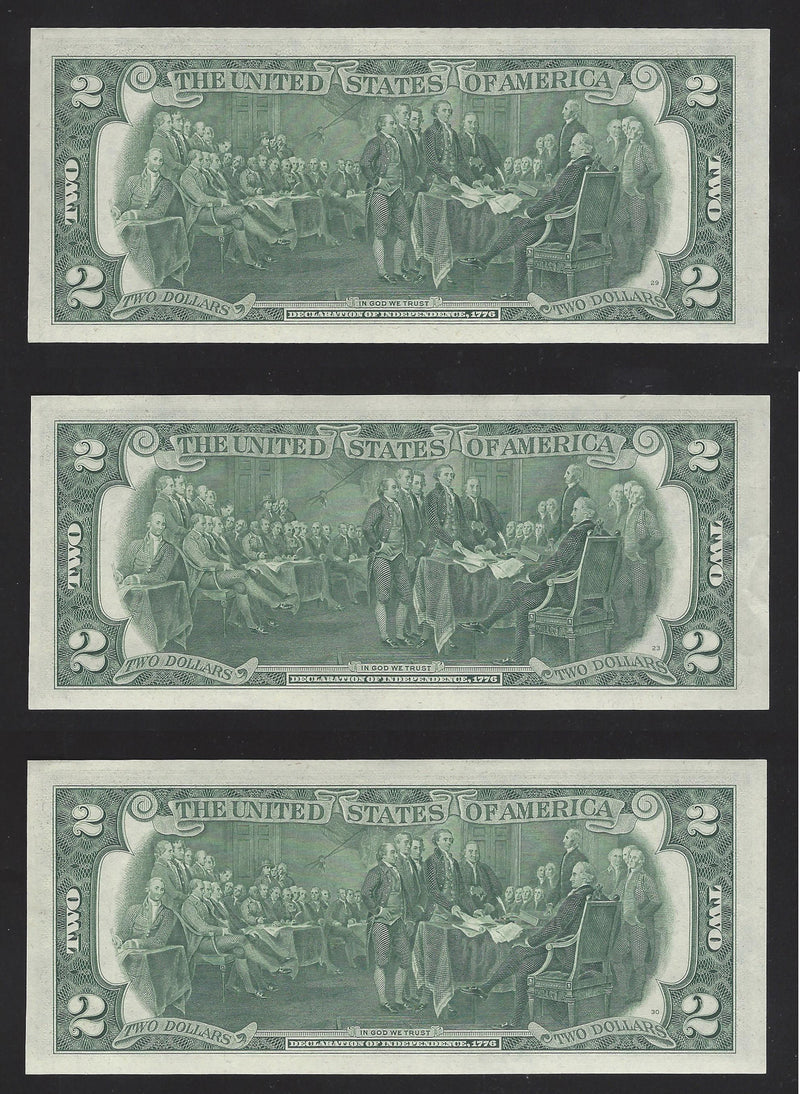 1976 3 Sequential Number USA $2 Two Dollar Bill Series (B) Green Seal (UNC)