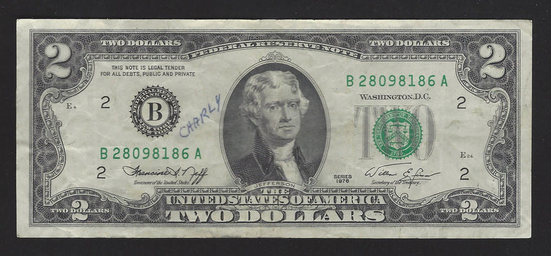 1976 USA $2 Two Dollar Bill Series (B) Green Seal Number B28098186A (VF)