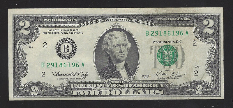 1976 USA $2 Two Dollar Bill Series (B) Green Seal Number B29186196A (VF)