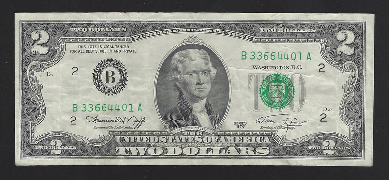 1976 USA $2 Two Dollar Bill Series (B) Green Seal Number   B33664401A (VF)