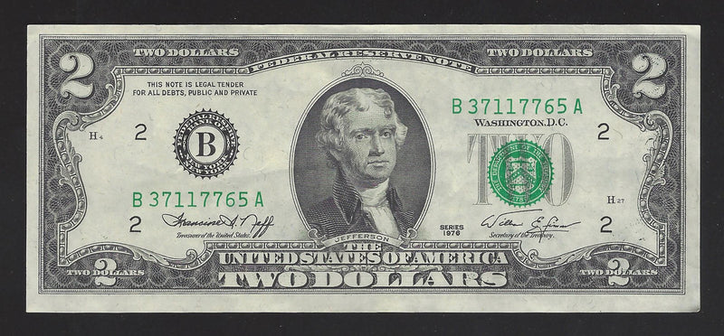 1976 USA $2 Two Dollar Bill Series (B) Green Seal Number B37117765A (AU)