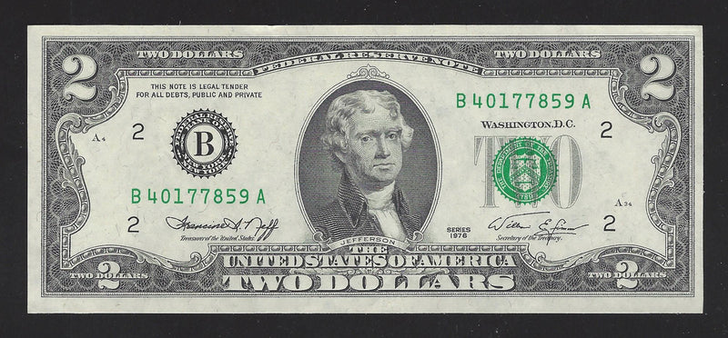 1976 USA $2 Two Dollar Bill Series (B) Green Seal Number B40177859A (UNC)