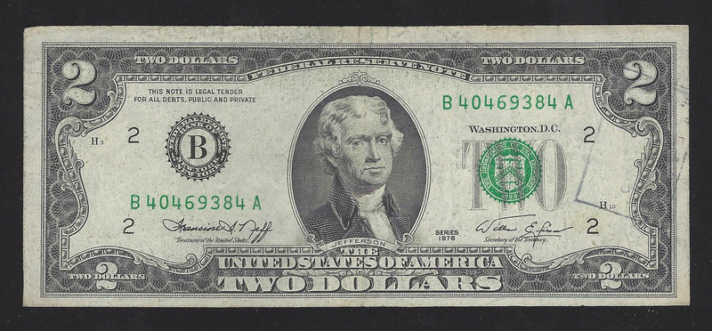 1976 USA $2 Two Dollar Bill Series (B) Green Seal Number B40469384A (F-VF)