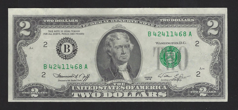 1976 USA $2 Two Dollar Bill Series (B) Green Seal Number B42411468A (EF)