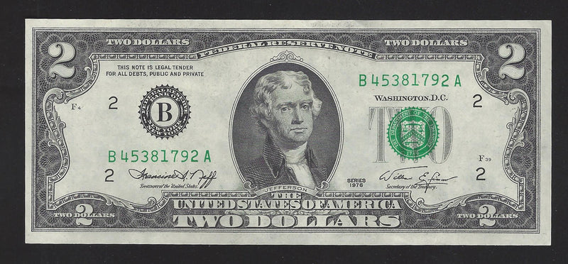 1976 USA $2 Two Dollar Bill Series (B) Green Seal Number B45381792A (EF)