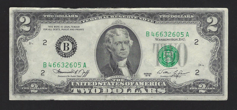 1976 USA $2 Two Dollar Bill Series (B) Green Seal Number B46632605A (F-VF)