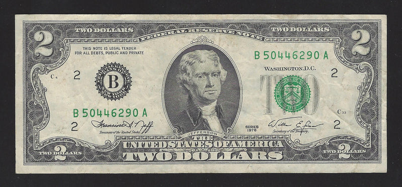 1976 USA $2 Two Dollar Bill Series (B) Green Seal Number B50446290A (VF)