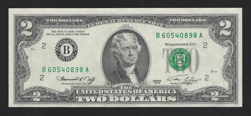 1976 USA $2 Two Dollar Bill Series (B) Green Seal Number B60540898A (Uncirculated)