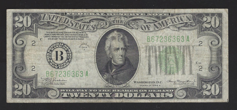 1934 A USA $20 Twenty Dollar Bill Series (B) Green Seal Number B67236363 (VF)