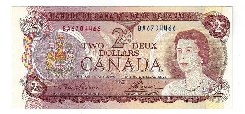 1974 $2 Banknote Lawson-Bouey, Prefix BA,  BC-47a, Almost/Unc