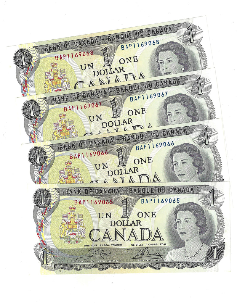 1973 Canada 4 Sequential $1 Banknote Crow-Bouey, BAP, BC-46b (C/UNC)