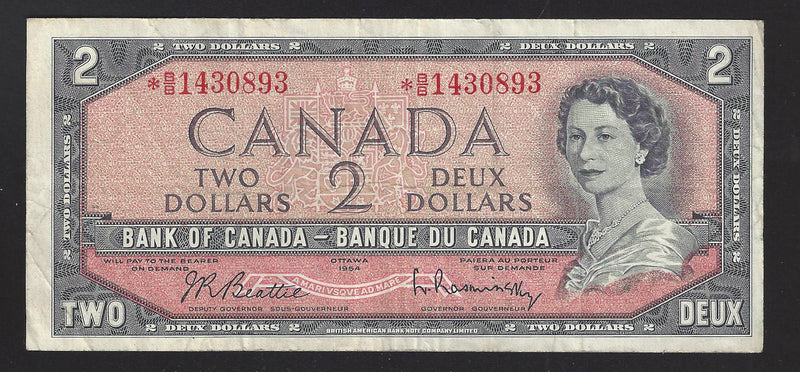 1954 $2  Remplacement Bank of Canada Note Beattie-Rasminsky Prefix *B/B1430893 BC-38bA (VF)