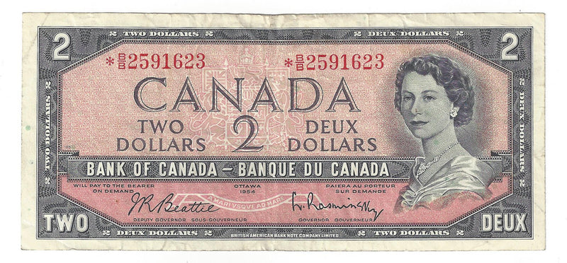 1954 Canada $2 Banknote Replacement Beattie-Rasminsky, *B/B, BC-38bA (F/VF)