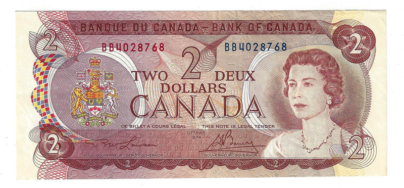 1974 $2 Bank of Canada Note Lawson-Bouey, Prefix BB,  BC-47a, Circ.