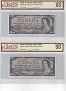 1954 $100 2 Sequential Banknote Beattie-Coyne, AJ, BC-43a BCS Certified Almost UNC 55