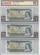 1973 Canada $1 3 Sequential Banknote Ink Smears (Minor) BCS Certified CH/UNC 62