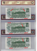 1973 Canada $1 3 Sequential Banknote Ink Smears (Minor) BCS Certified CH/UNC 62