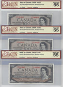 1954 $100 3 Sequential Banknote Beattie-Rasminsky, BJ, BC-43b BCS Certified Almost UNC 55