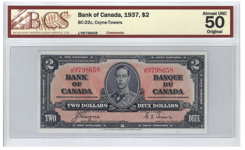 1937 Canada $50 Banknote Coyne-Towers,J/R, BC-22c BCS Certified (Almost UNC 50 Original)