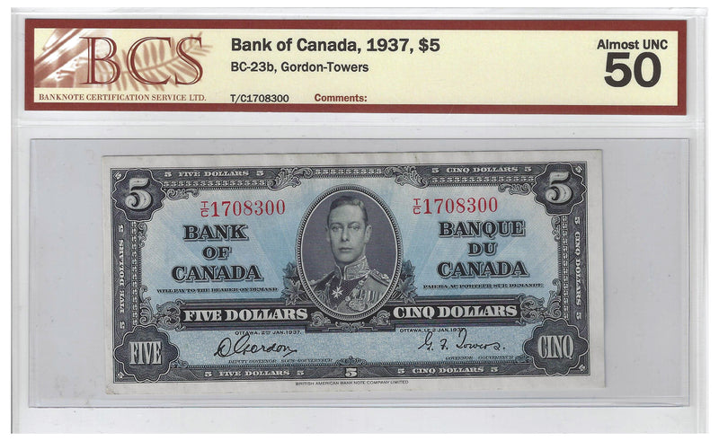 1937 Canada $5 Banknote Gordon-Towers, T/C, BC-23b BCS Certified (Almost UNC 50 Original)