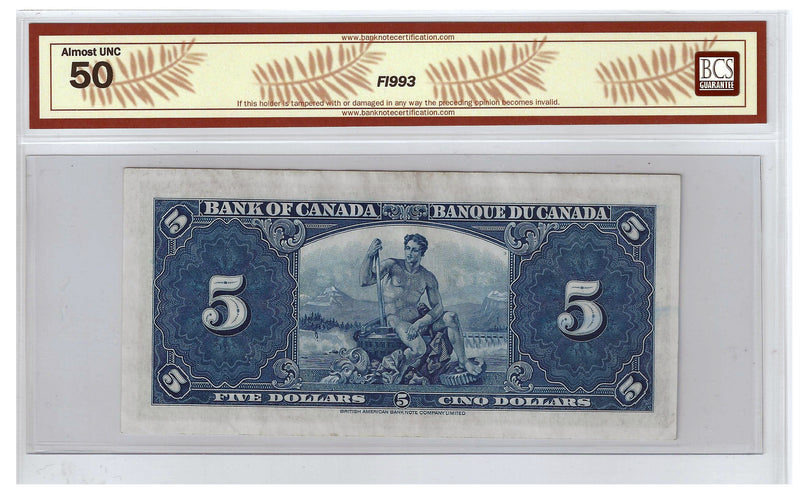 1937 Canada $5 Banknote Gordon-Towers, T/C, BC-23b BCS Certified (Almost UNC 50 Original)