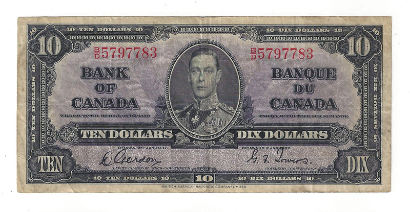 1937 Canada $10 Banknote Gordon-Towers, B/D, BC-24b (F/VF)