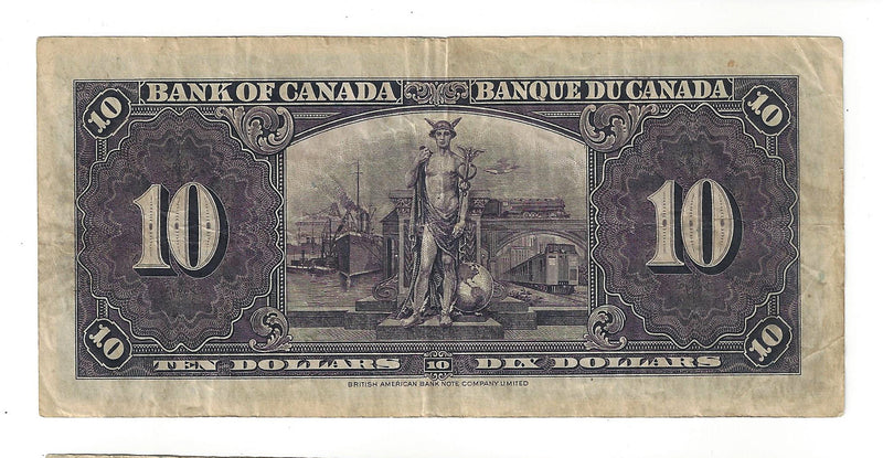1937 Canada $10 Banknote Gordon-Towers, B/D, BC-24b (F/VF)