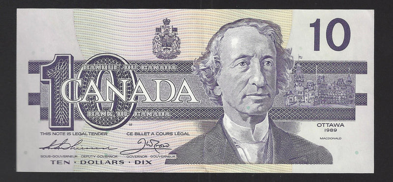 1989 $10 Bank of Canada Note Thiessen-Crow Prefix BDB7421862 BC-57a  (AU)