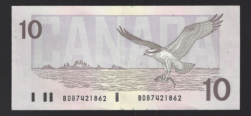 1989 $10 Bank of Canada Note Thiessen-Crow Prefix BDB7421862 BC-57a  (AU)