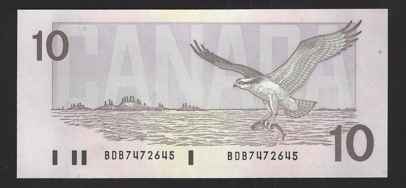 1989 $10 Bank of Canada Note Thiessen-Crow Prefix BDB7472645 BC-57a  (UNC)