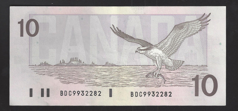 1989 $10 Bank of Canada Note Thiessen-Crow Prefix BDC9932282 BC-57a  (AU)