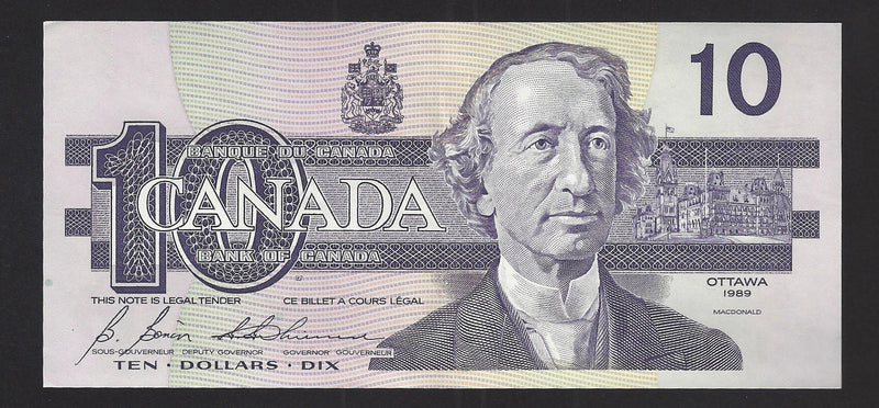 1989 $10 Bank of Canada Note Bonin-Thiessen Prefix BDI9146017 BC-57b  (AU)