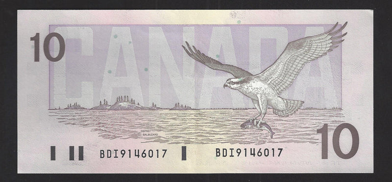 1989 $10 Bank of Canada Note Bonin-Thiessen Prefix BDI9146017 BC-57b  (AU)