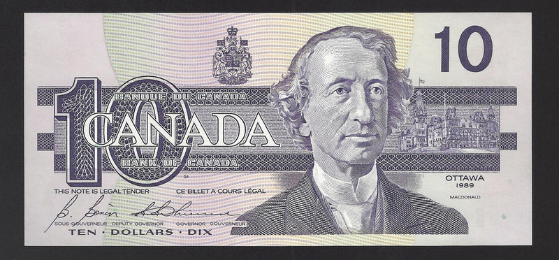 1989 $10 Bank of Canada Note Bonin-Thiessen Prefix BDJ0488824 BC-57b  (Gem UNC)