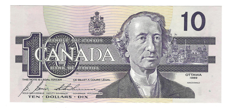 1989 $10 Bank of Canada Note Bonin-Thiessen Prefix BDJ0488824 BC-57b  (Gem UNC)