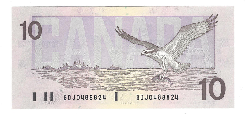 1989 $10 Bank of Canada Note Bonin-Thiessen Prefix BDJ0488824 BC-57b  (Gem UNC)