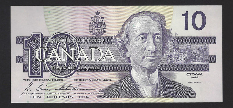 1989 $10 Bank of Canada Note Bonin-Thiessen Prefix BDJ0488825 BC-57b  (Gem UNC)